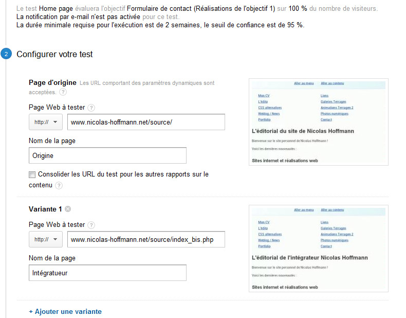 A/B testing sous Analytics, étape 1