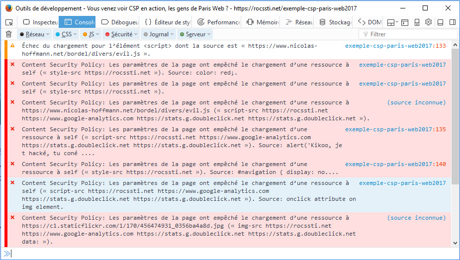 Notifications dans la console (exemple sous Firefox)