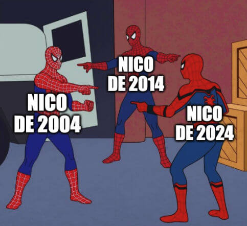 Meme de Spiderman, avec 3 Nico de 2004, 2014 et 2024 qui se pointent mutuellement